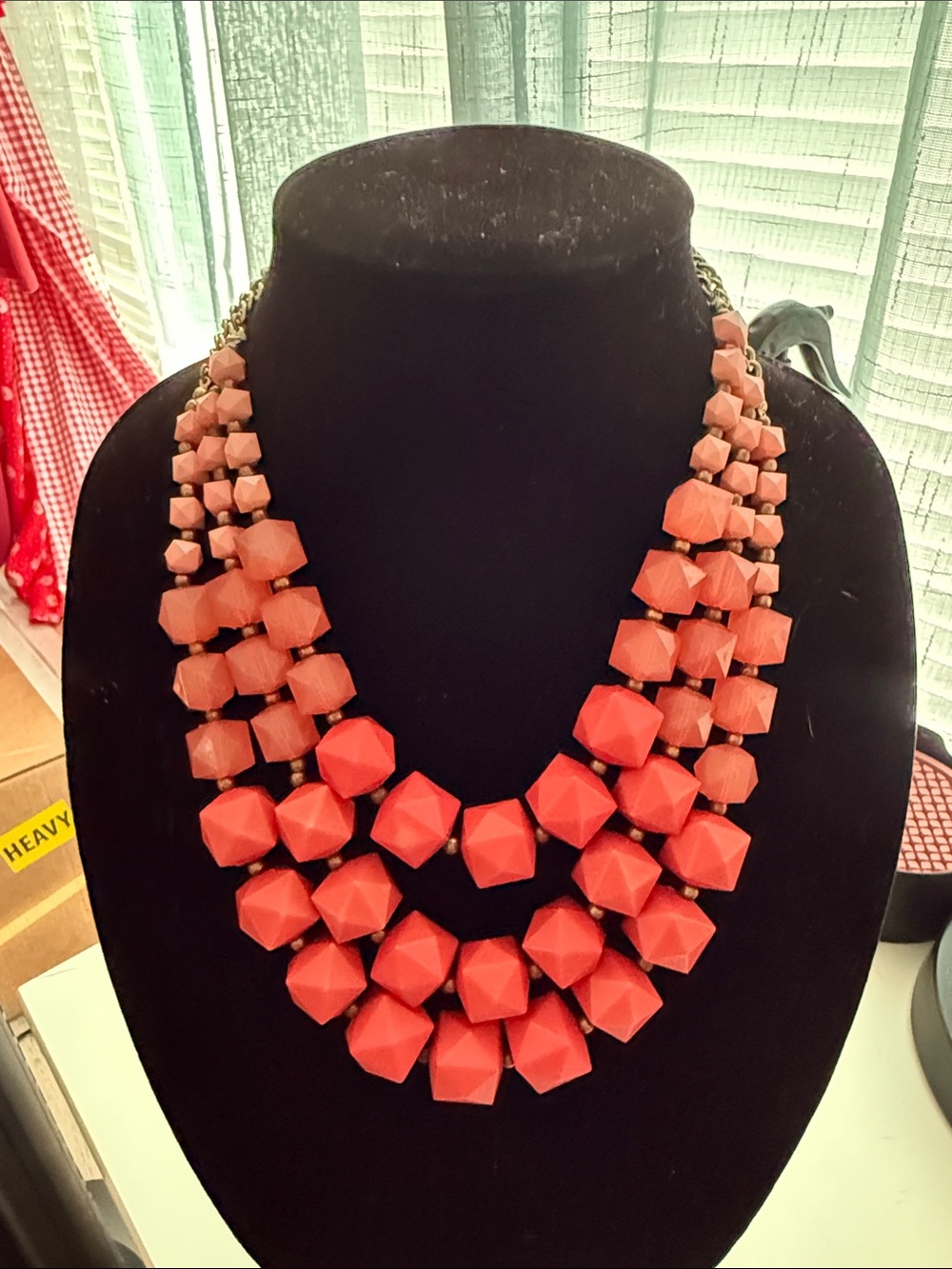 Coral Colored Layered Geometric Statement Necklace